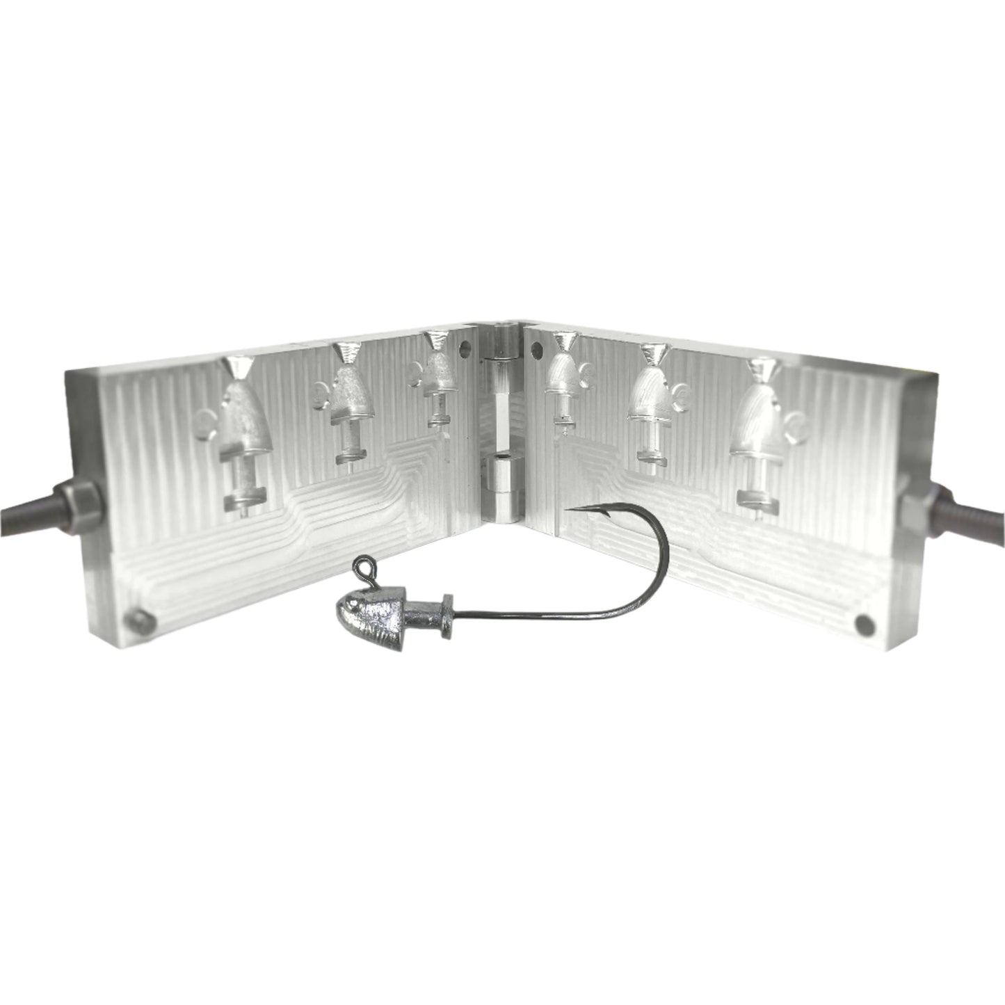 CNC-machined aluminum bucktail and flarehawk jig mold designed for precision casting – features durable USA craftsmanship, optimized hook alignment, and ideal head shape for strong water flow resistance. Perfect for saltwater and freshwater fishing, targeting snook, tarpon, striped bass, and more. A must-have for anglers and lure makers creating custom bucktail jigs with premium flare and motion.