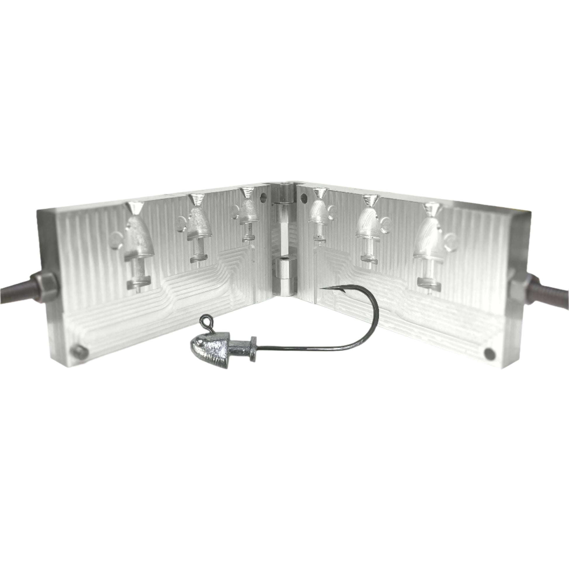 CNC-machined aluminum bucktail and flarehawk jig mold designed for precision casting – features durable USA craftsmanship, optimized hook alignment, and ideal head shape for strong water flow resistance. Perfect for saltwater and freshwater fishing, targeting snook, tarpon, striped bass, and more. A must-have for anglers and lure makers creating custom bucktail jigs with premium flare and motion.