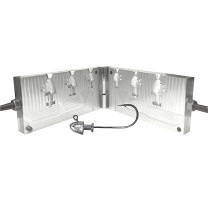 CNC-machined aluminum bucktail and flarehawk jig mold designed for precision casting – features durable USA craftsmanship, optimized hook alignment, and ideal head shape for strong water flow resistance. Perfect for saltwater and freshwater fishing, targeting snook, tarpon, striped bass, and more. A must-have for anglers and lure makers creating custom bucktail jigs with premium flare and motion.